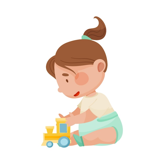 Vector niña sentada en el suelo con una ilustración vectorial de un coche de juguete