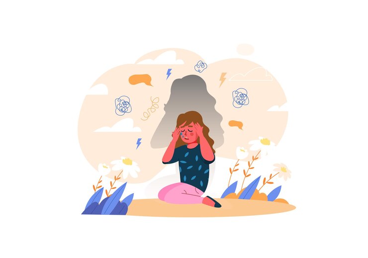 Vector una niña sentada en el suelo con las manos en la cabeza, ilustración vectorial