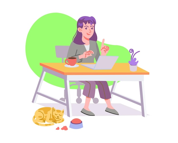 Niña sentada trabajando y aprendiendo con su gadget Ilustración moderna