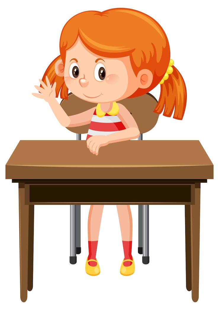 Vector niña, sentado, en, un, escritorio de la escuela