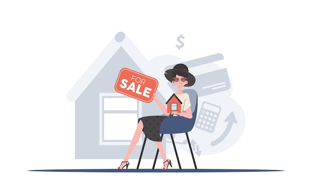 La niña se sienta en una silla y sostiene un cartel en sus manos para la venta El concepto de vender una casa estilo moderno Ilustración vectorial