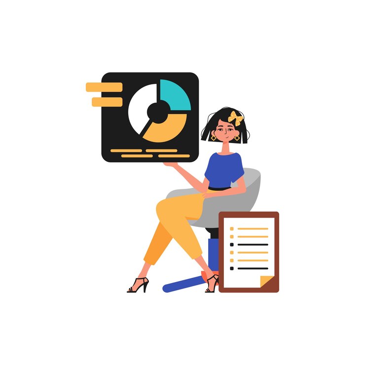 Vector la niña se sienta en una silla y sostiene un gráfico con estadísticas ilustración vectorial de estilo moderno