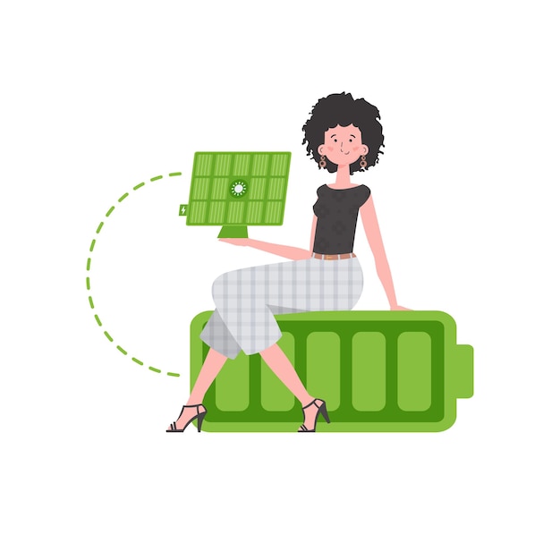 La niña se sienta sobre una batería y sostiene un panel solar en sus manos Concepto de energía verde Estilo de moda Vector aislado