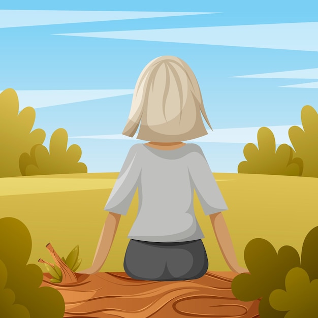 La niña se sienta en una vista de la naturaleza desde la parte posterior, ilustración vectorial, estilo de dibujos animados, camping