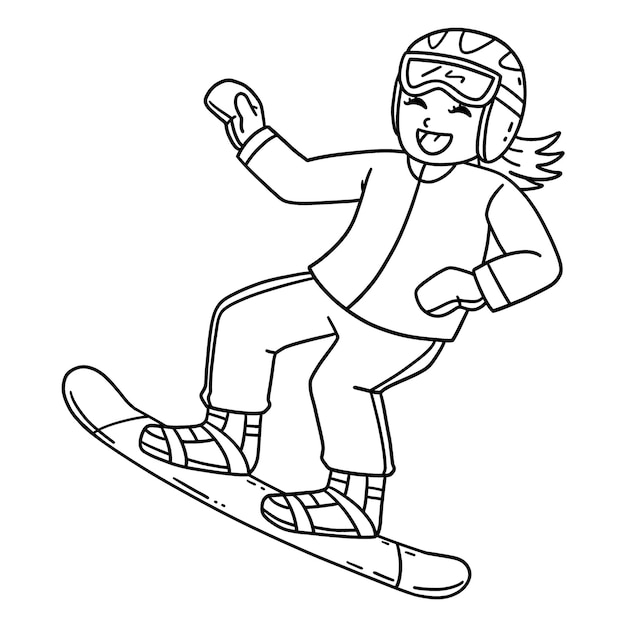 Niña de snowboard haciendo un salto aislado colorear