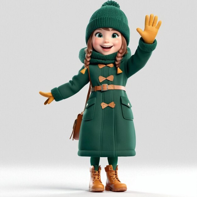 Niña con sombrero de abrigo de invierno verde oscuro y botas sonriendo y agitando