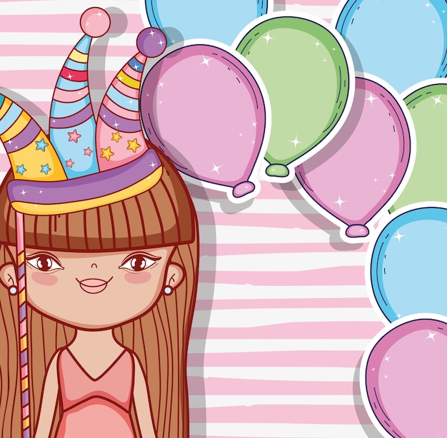 Niña con sombrero de fiesta y globos decoracion