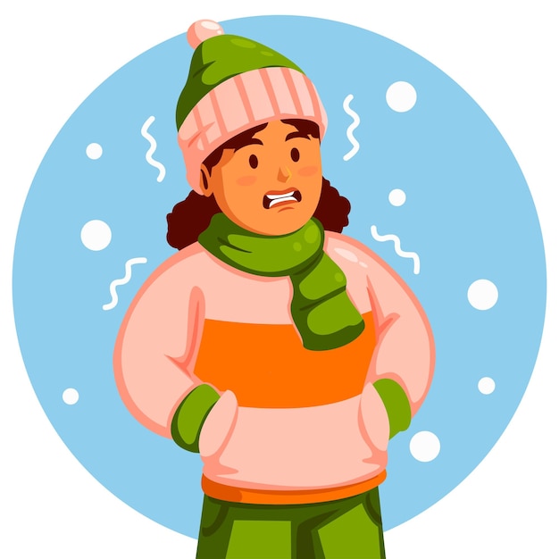 Niña con sombrero de invierno y bufanda siente escalofríos por el frío
