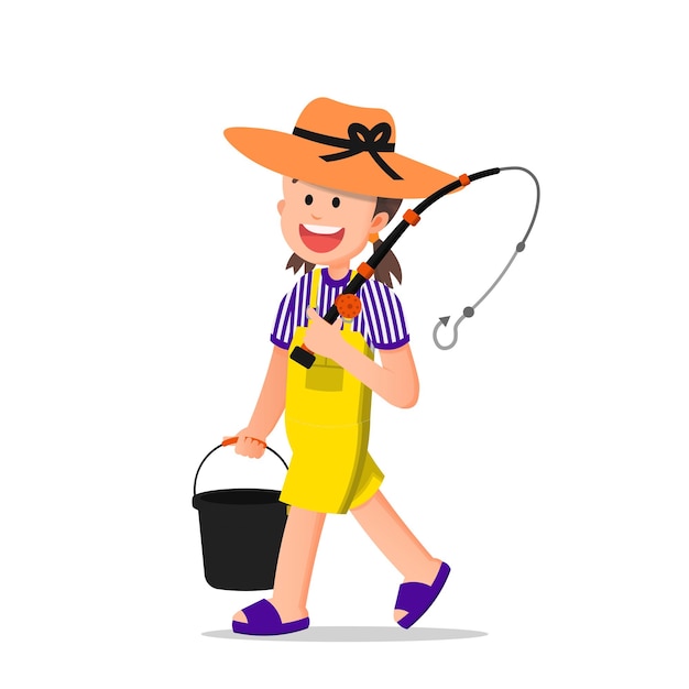 niña en un sombrero que lleva una caña de pescar mientras lleva un balde vacío