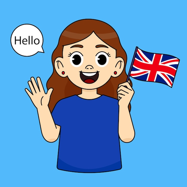 Vector la niña sonríe sosteniendo la bandera de inglaterra muestra su palma y dice hola concepto de aprendizaje de idiomas