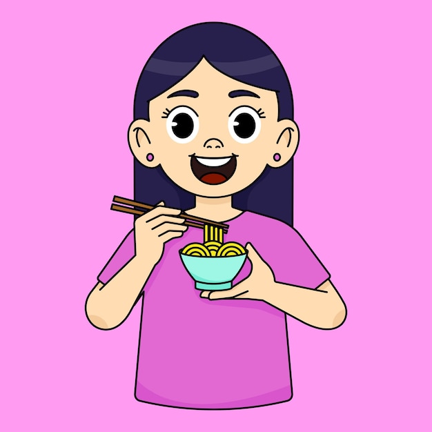 Niña sonriendo sosteniendo un plato de fideos y palillos