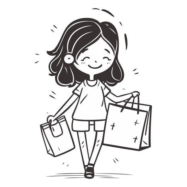 Vector niña sonriente con bolsas de compras ilustración vectorial en blanco y negro