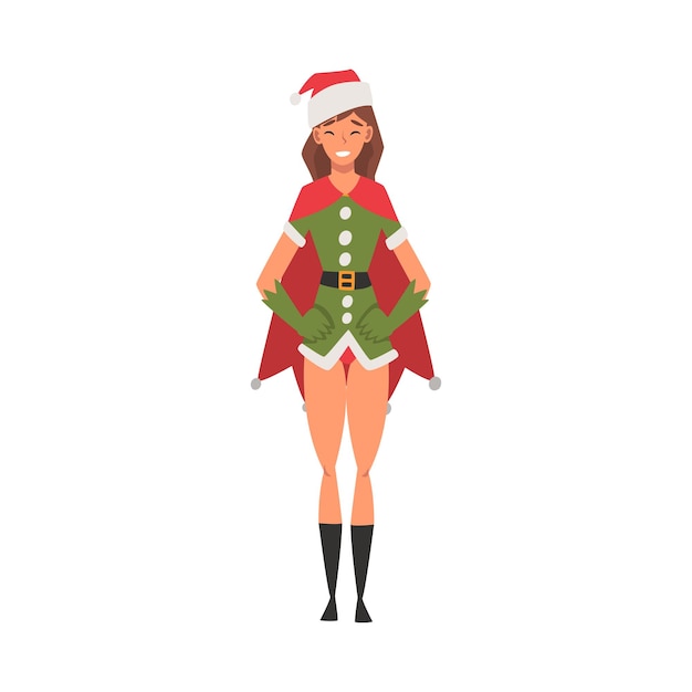 Vector niña sonriente celebrando la navidad con vestido rojo de papá noel y sombrero ilustración vectorial