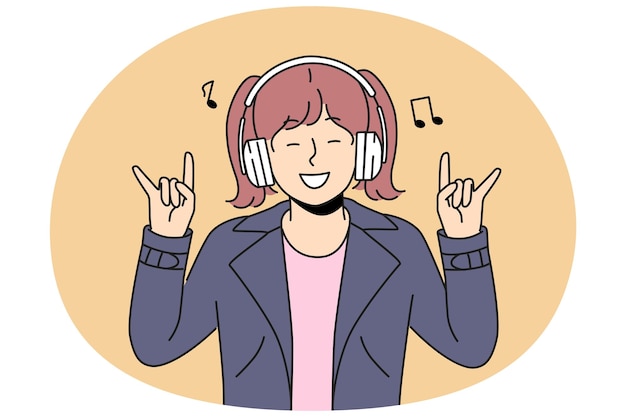 Niña sonriente escuchar música rock en auriculares