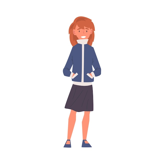 Niña sonriente con falda y chaqueta azul Estudiante feliz con ropa casual Ilustración vectorial
