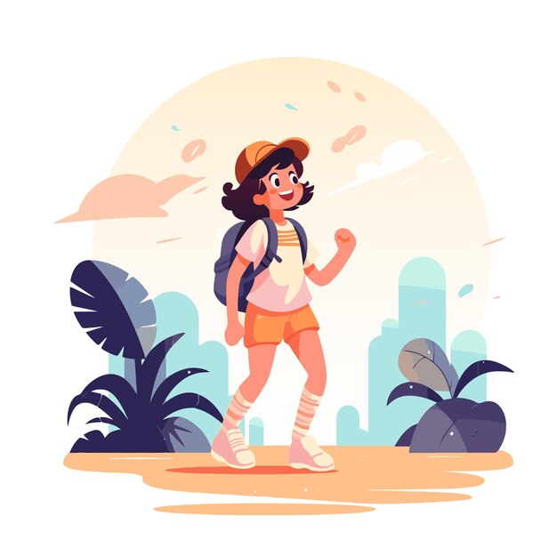 Vector niña sonriente feliz con mochila caminando en el parque ilustración vectorial