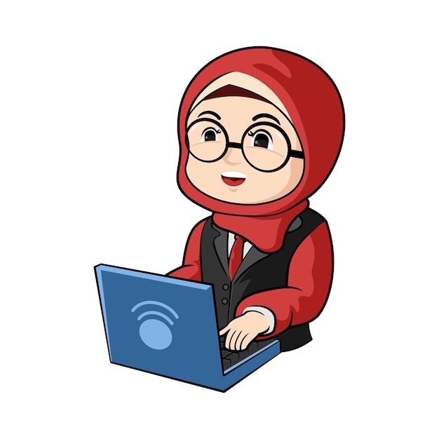 Niña sonriente con hijab usando una computadora portátil