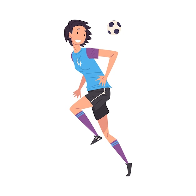 Vector niña sonriente jugando al fútbol mujer joven jugador de fútbol personaje en uniforme deportivo pateando la pelota