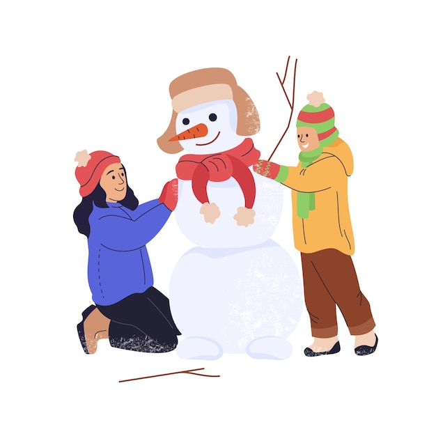 Niña sonriente con niño construyendo muñeco de nieve niños jugando al aire libre en la ilustración de vector de invierno aislado