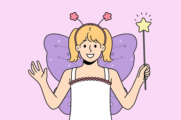 Niña sonriente en traje de mariposa con varita