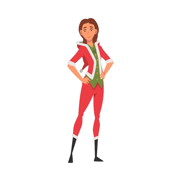 Niña sonriente con traje de Navidad rojo y verde Ilustración vectorial