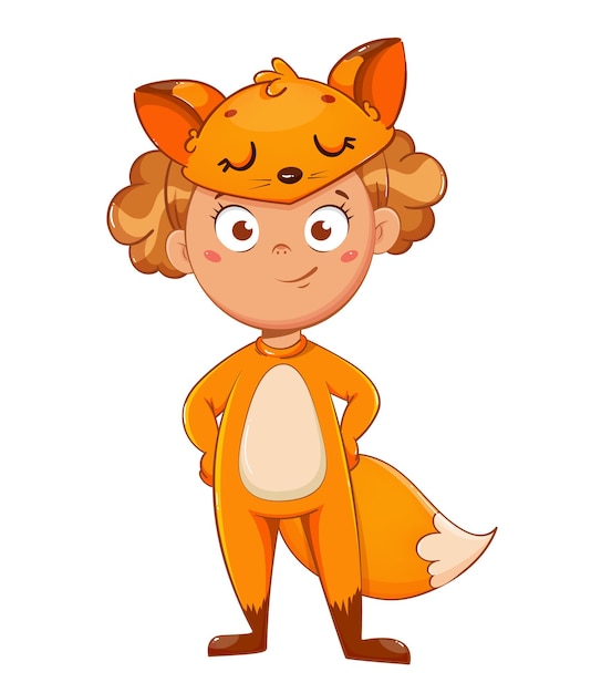 Niña sonriente en traje de zorro. Niño en traje de carnaval de Navidad, personaje de dibujos animados lindo. Ilustración vectorial de stock sobre fondo blanco.