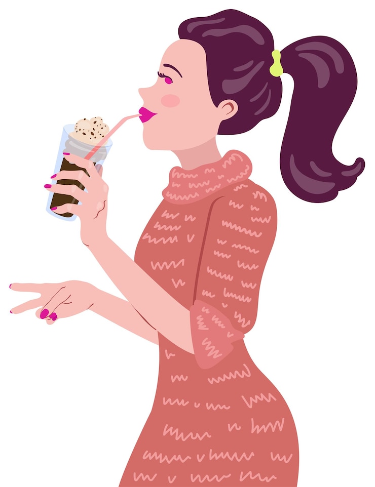 Vector niña sonriente con vestido de punto bebe frappuccino de una pajita. ilustración vectorial dibujada a mano.