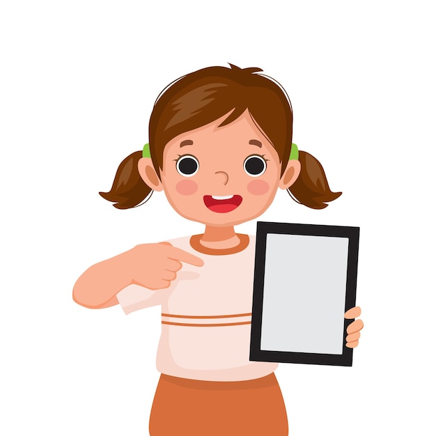 Niña sosteniendo y apuntando a la tableta digital con pantalla vacía para contenido de textos y anuncios