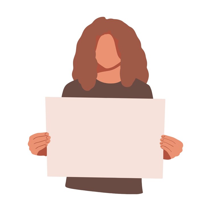 Niña sosteniendo un cartel en blanco con lugar para el texto Una mujer joven sostiene una hoja de bala en sus manos Una adolescente muestra un cartel Ilustración vectorial de estilo dibujado a mano