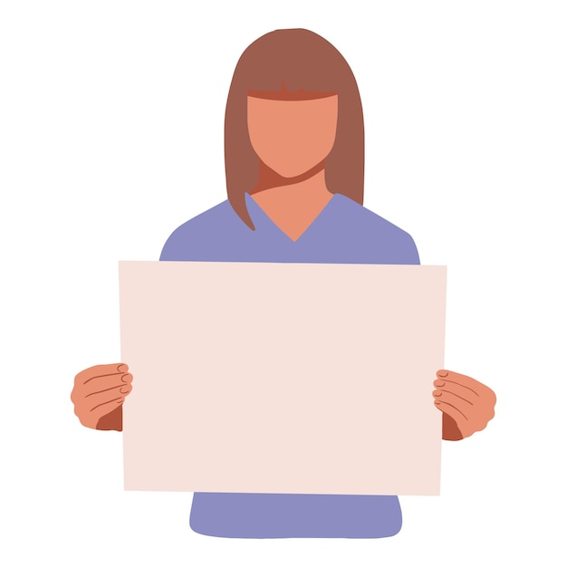 Niña sosteniendo un cartel en blanco con lugar para el texto mujer sostiene una hoja de bala en sus manos adolescente muestra un cartel estilo vector dibujado a mano ilustración de moda