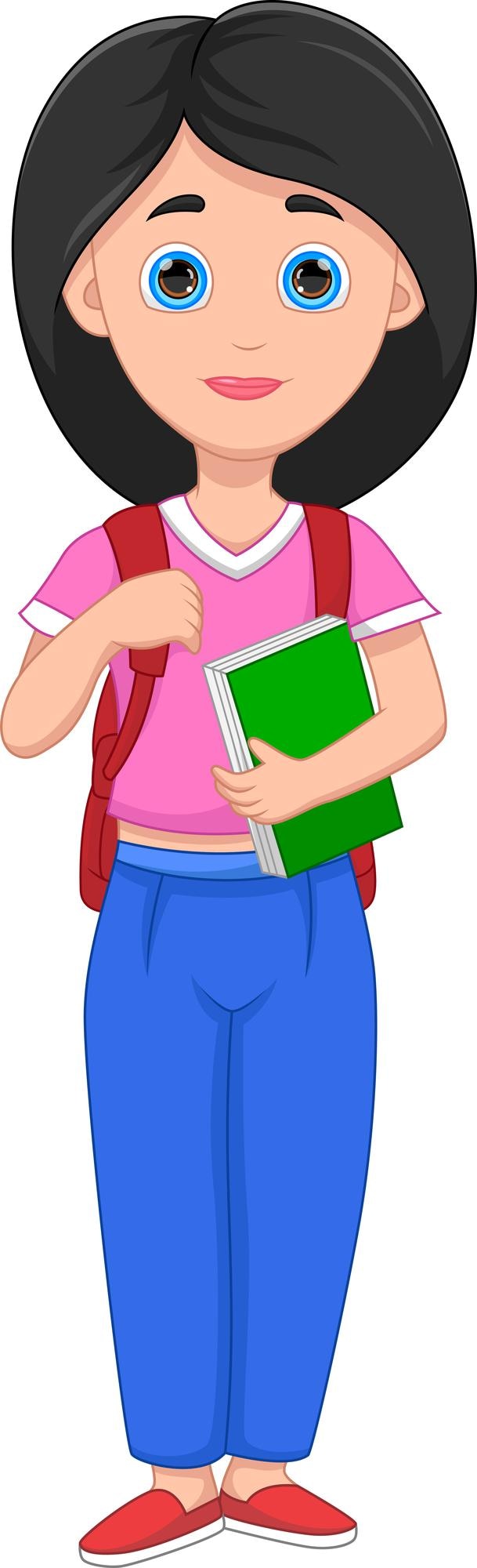 Vector niña sosteniendo un libro y llevando una mochila