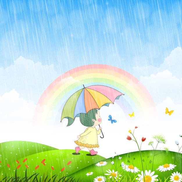 niña sosteniendo un paraguas bajo la lluvia