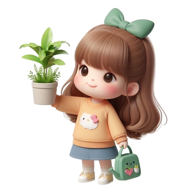 Niña sosteniendo una planta en olla día de la tierra dibujos animados 3d render ilustración