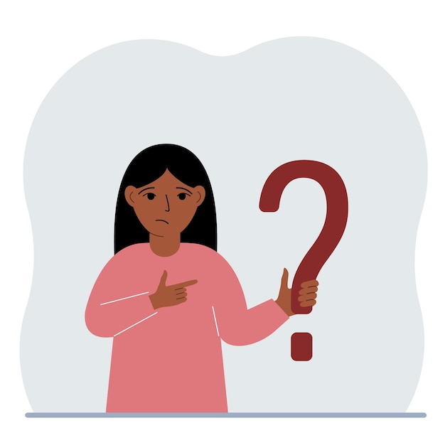 Niña sosteniendo un símbolo de signo de interrogación Haga preguntas y busque respuestas Preguntas frecuentes o concepto de preguntas frecuentes centro de soporte en línea