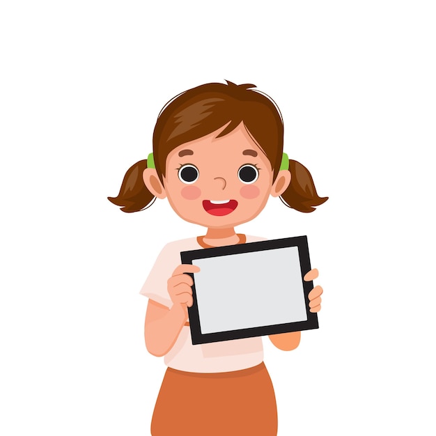 Niña sosteniendo tableta digital con pantalla vacía para mensajes de texto y contenido publicitario