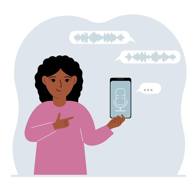 Niña sosteniendo un teléfono inteligente usando la aplicación de asistente de voz Concepto de reconocimiento de voz Aplicaciones de altavoces inteligentes controlador de oficina llamadas telefónicas manos libres software de comando de voz
