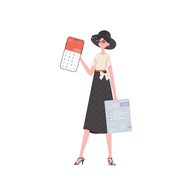 La niña sostiene una calculadora y un formulario de impuestos en sus manos aisladas sobre fondo blanco Ilustración de vector de estilo de tendencia