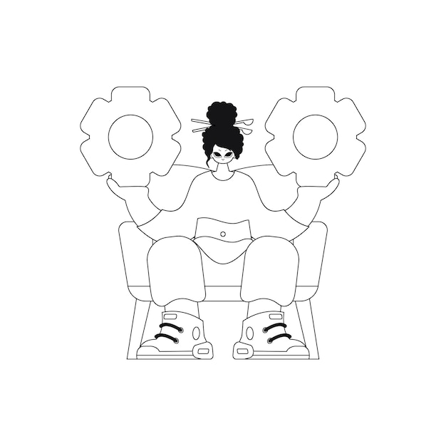 La niña sostiene engranajes en sus manos ilustración lineal en estilo vectorial.