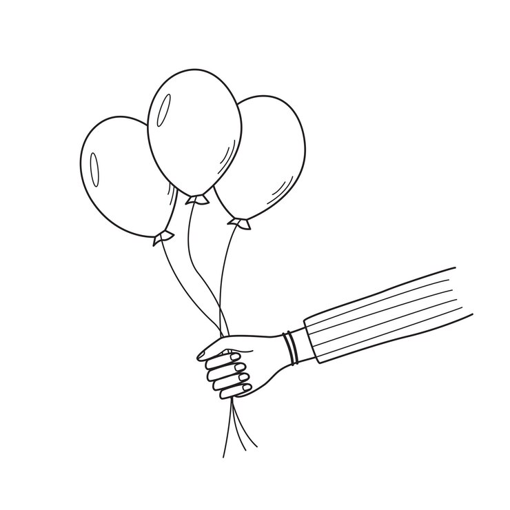 La niña sostiene globos en su mano Ilustración vectorial del concepto de vacaciones Saludos esquema