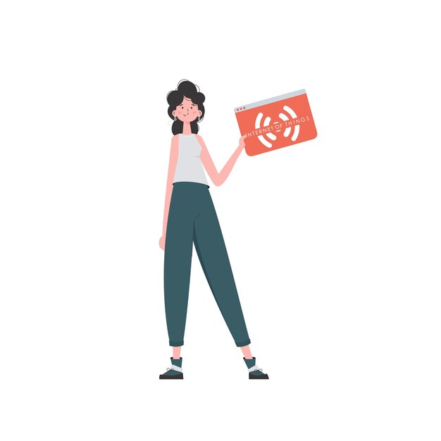 La niña sostiene el icono de IoT en sus manos Concepto de Internet de las cosas Ilustración vectorial aislada en estilo plano