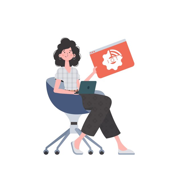 La niña sostiene el icono de IoT en sus manos Concepto de IoT Estilo plano de moda aislado Ilustración vectorial