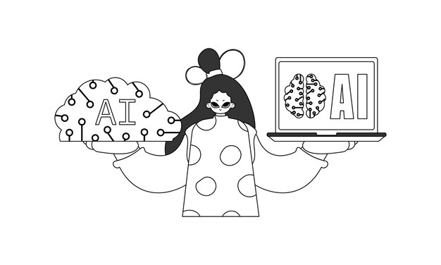 La niña sostiene una ilustración vectorial lineal de un modelo de IA