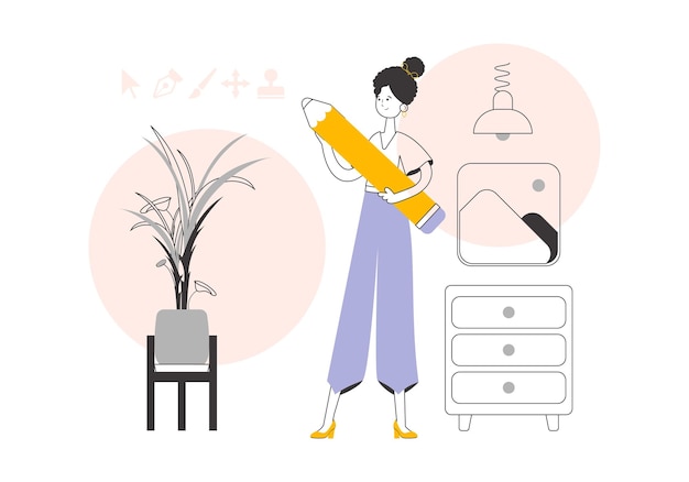 La niña sostiene un lápiz en sus manos Líneas de estilo moderno Vector