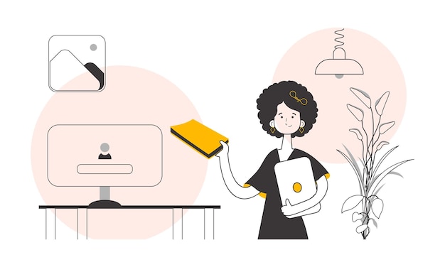 La niña sostiene un libro y una computadora portátil en sus manos Estilo de arte lineal Vector