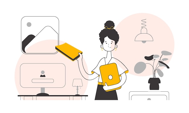 La niña sostiene un libro y una computadora portátil en sus manos Estilo lineal de moda Ilustración vectorial