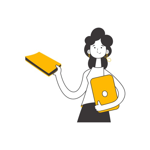 La niña sostiene un libro y una computadora portátil en sus manos Estilo moderno lineal Ilustración vectorial aislada