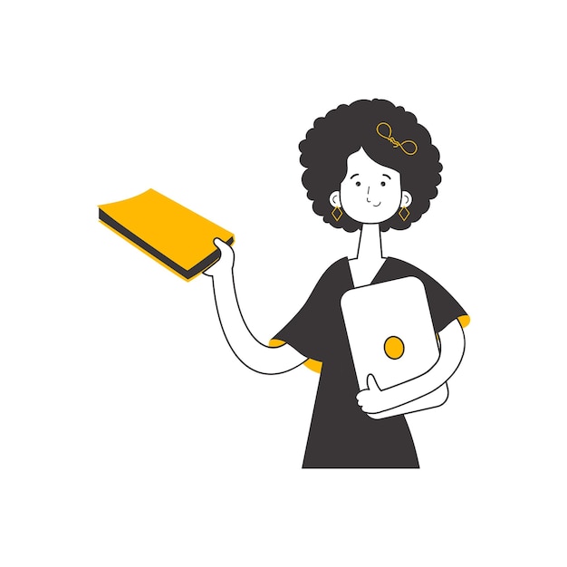 La niña sostiene un libro y una computadora portátil en sus manos Vector aislado de estilo lineal moderno