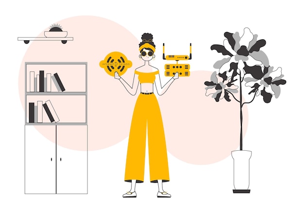 La niña sostiene el logo de IOT en sus manos Vector de estilo lineal