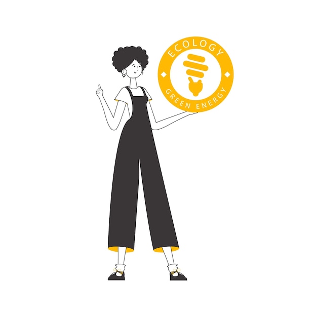 La niña sostiene el logotipo de energía verde en su mano estilo Lineart aislado sobre fondo blanco ilustración vectorial