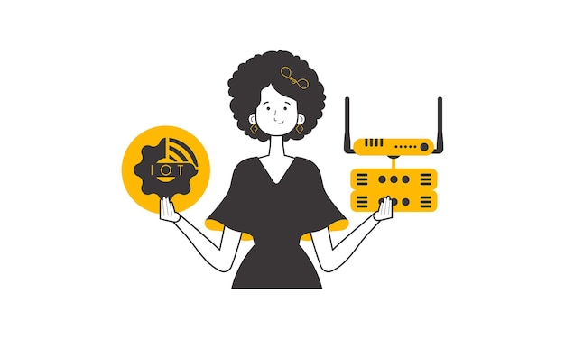 La niña sostiene el logotipo de Internet de las cosas en sus manos Estilo lineal de moda aislado en el fondo blanco Vector